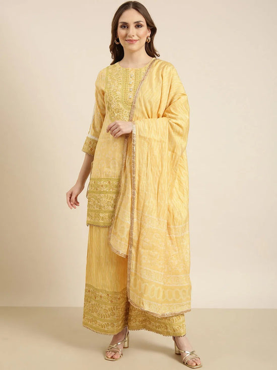 Women Straight Yellow Floral Kurti and Palazzos Set Comes With Dupatta-GW-3270-Yellow