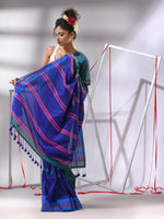 Blue And Teal Cotton Saree With Stripes Design-MA55CT06520027