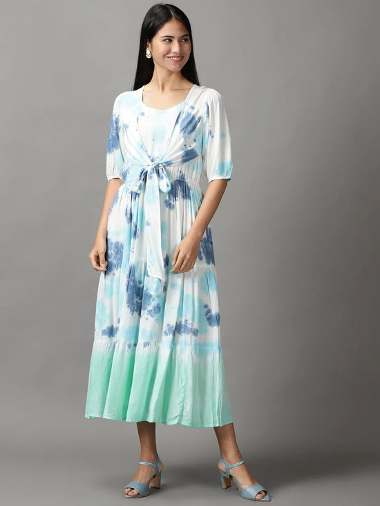 Women's White Tie Dye Fit and Flare Dress-ON-605-Whitenavyblue