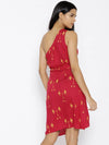 One shoulder overlap cross tie Printed Dress in Red