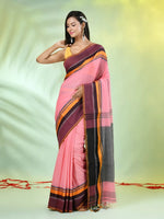 Peach Cotton Saree With Temple Borders-MA66CT43640010