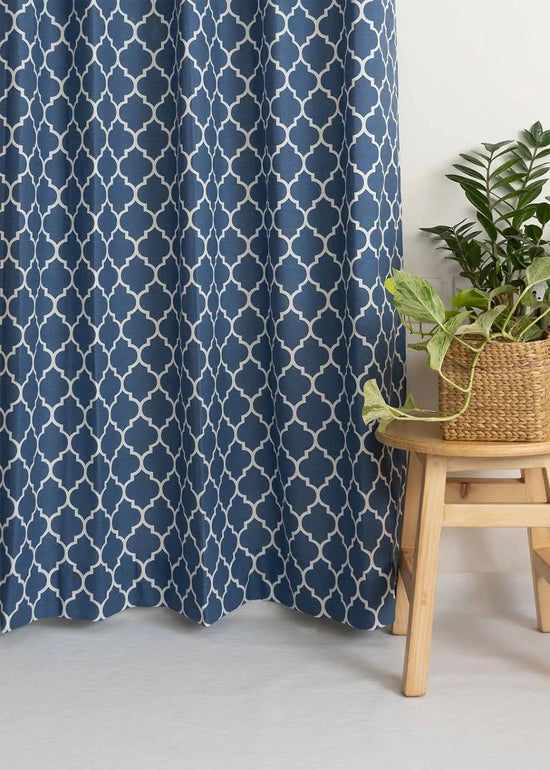 Reverse Trellis 100% cotton geometric curtain for bed room - Room darkening - Royal Blue - Pack of 1-230422074