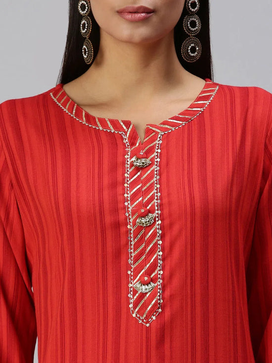 Women's Red Striped Straight Kurta-HO386-Red