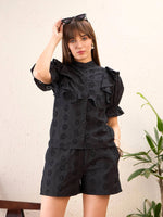 Women Black Schiffli Shirt With Paperwaist Shorts