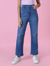 Women's Blue Solid Wide Leg Denim Jeans-GZ-5290-Blue