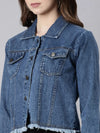 Women Blue Solid Denim Jacket-AE-0115-Blue