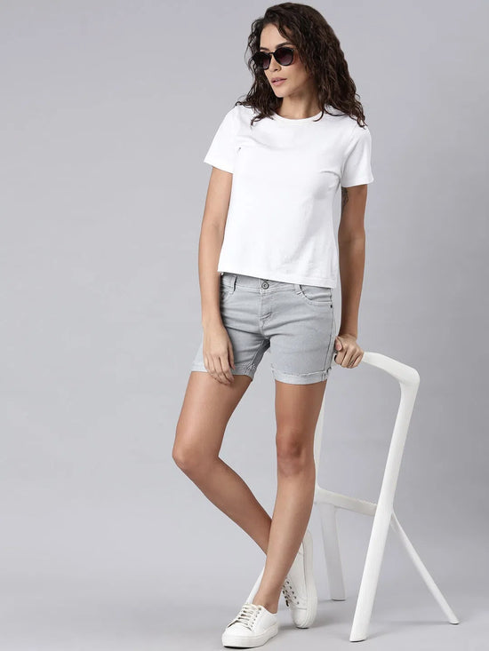 Women Grey Solid Denim Shorts-LT-S-102241-Grey