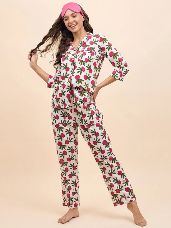 Shirt Pyjama Set in Pink color Fruit Print