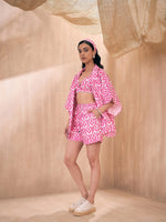 Women Pink & White Ikat Shorts with Bustier and Shrug