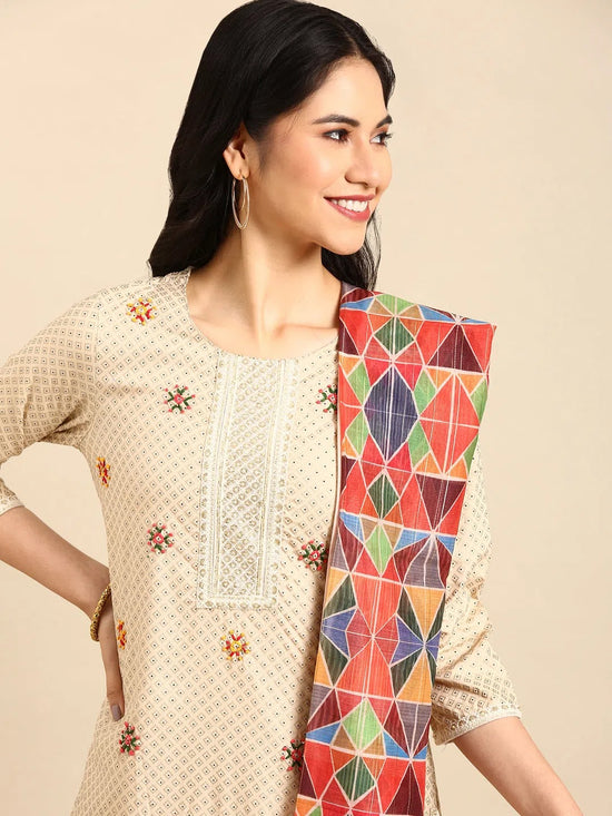 Women's Beige Printed Kurta Set-GW-1684-Beige