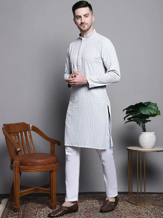 Sequin Embroidered Pure Cotton Kurta with Pyjamas-JOKP-P-5008Blue