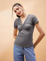 Women Grey Rib Twisted Neck Top