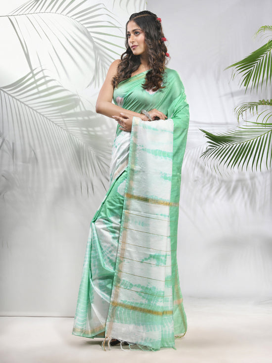 Tea Green And White Shibori Printed Silk Saree-MA56BSL34610004