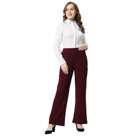 Smarty Pants Women's Cotton Lycra Bell Bottom Wine Formal Trouser