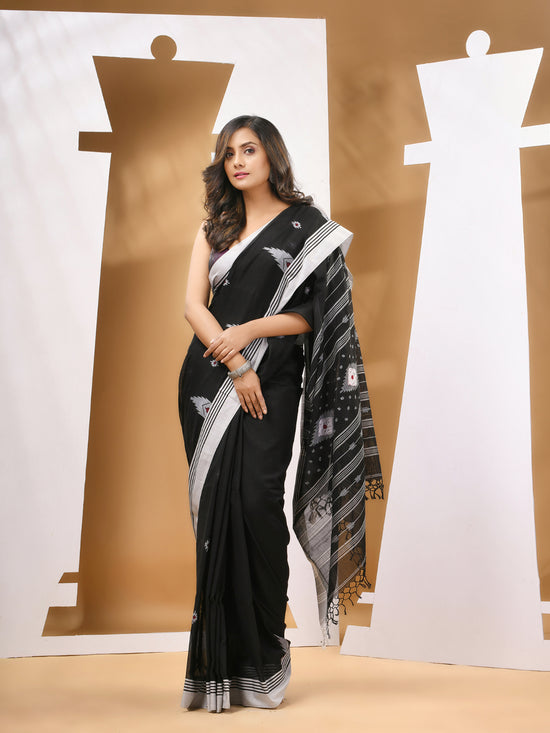 Black Cotton Handwoven Soft Saree With Texture Motifs-MA53CT041490073