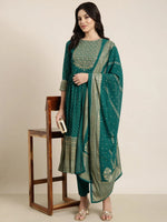 Women Anarkali Green Ethnic Motifs Kurta and Trousers Set Comes With Dupatta-BC-SK-1859-Green