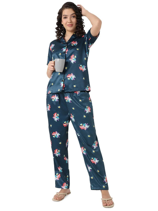 Smarty Pants Women's Silk Satin Teal Blue Color Mermaid Printed Night Suit