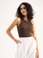 Women Brown Ribbed Vest Top