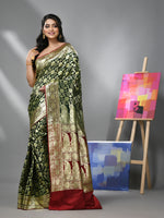 Dark Green Silk Banarasi Saree With Zari Woven Floral And Paisley Designs-MA52BSL441050018