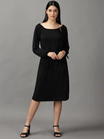 Women's Black Solid A-Line Dress-DQ-17-383-Black