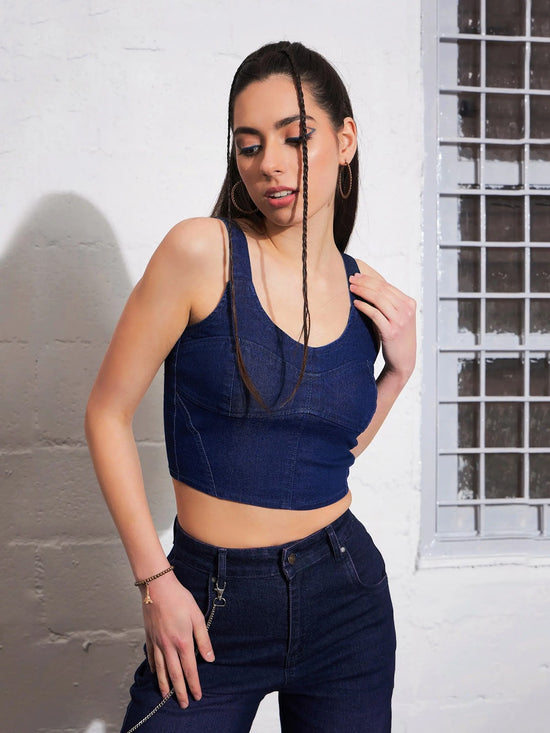 Women Navy Strappy Bustier Crop Top