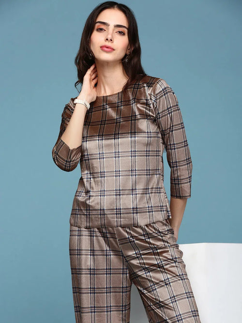 Women Brown Checked Co-Ords-SP-6119-Brown