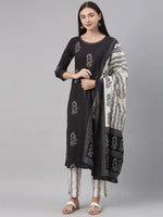 Ahika Women Crepe Black Ethnic Motifs Printed Straight Kurta Pant Dupatta Set