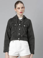 Women Black Solid Denim Jacket-CHN-369-Black