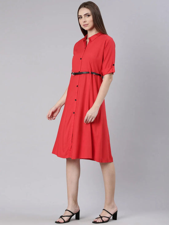 Women Red Solid Shirt Dress-DF-1439-Red