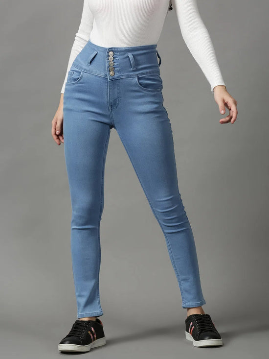 Women's Blue Solid Skinny Fit Denim Jeans-GZ-5284-Blue