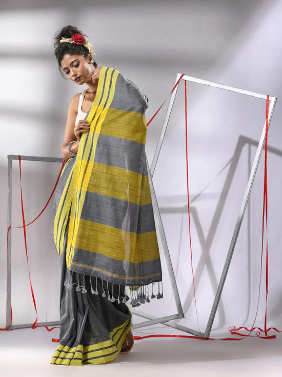 Grey Cotton Saree With Stripe Solid Border-MA55CT06520074