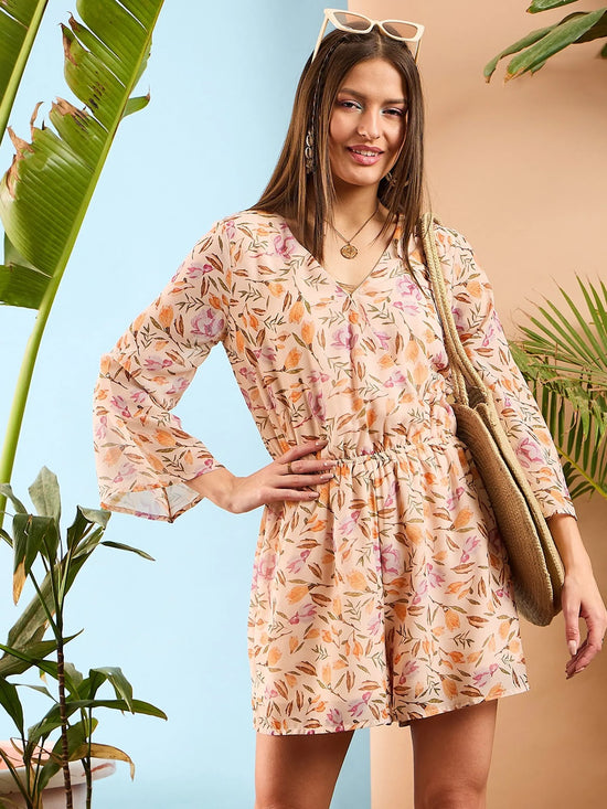 Women Peach Floral Wrap Romper