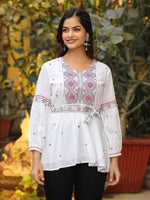 White Cotton Dobby Peplum Tunic With Multi Colored Thread Embroidery