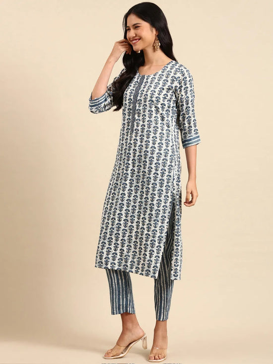 Women's Blue Printed Kurta Set-SKC-7908-Teal