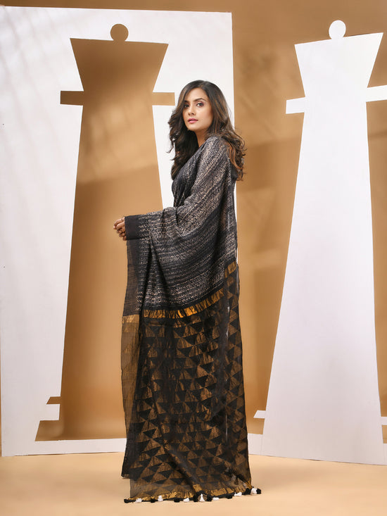 Black And Beige Matka Handwoven Saree With Shibori Designs-MA53MT063080042