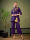 Women Purple Front Embroidered Shirt With Palazzos