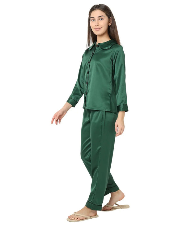 Smarty Pants Women's Silk Satin Bottle Green Color Night Suit