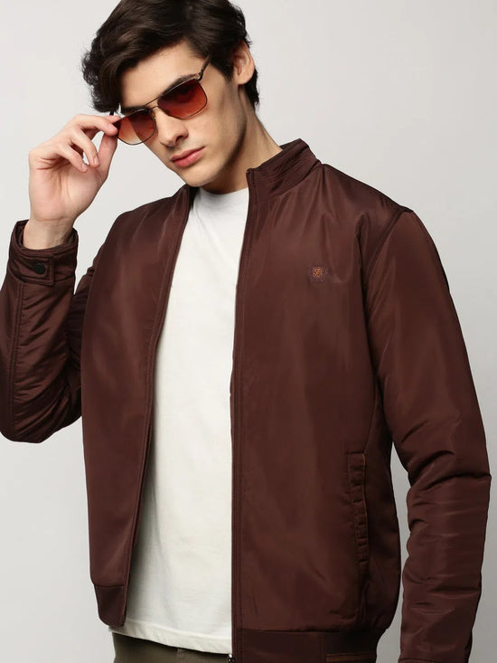 Men Brown Solid Casual Bomber Jackets-ZD-3406-Coffeebrown