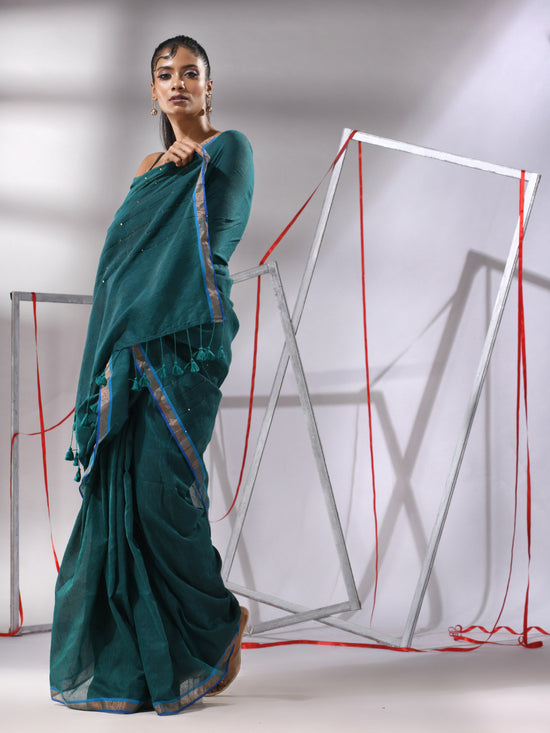 Teal Cotton Saree With Sequined Pallu-MA55CT06520119