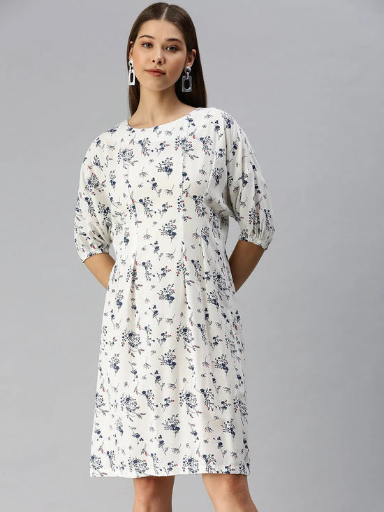 Women White Printed A-Line Dress-AE-9892-Whitenavyblue