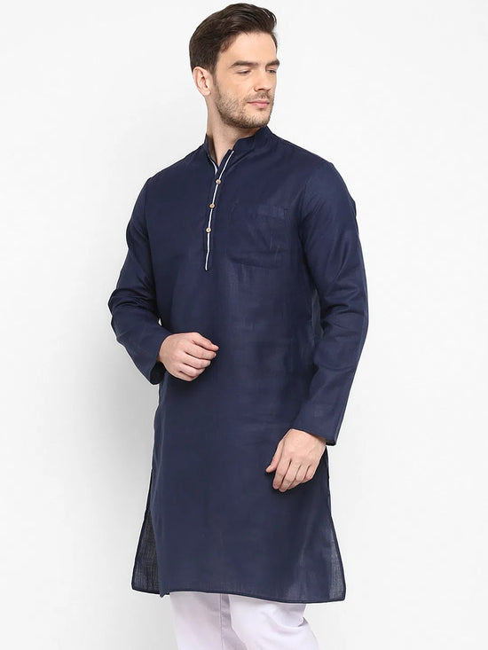 Hangup Men Standard Solid Men's Indian Wear-Navy_Piping_LongKurta