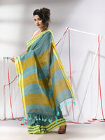 Teal Cotton Saree With Stripe Solid Border-MA55CT06520073