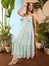 Women See Green Floral Strappy Tiered Maxi Dress