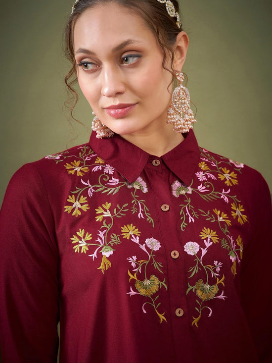 Women Maroon Front Embroidered Shirt With Palazzos