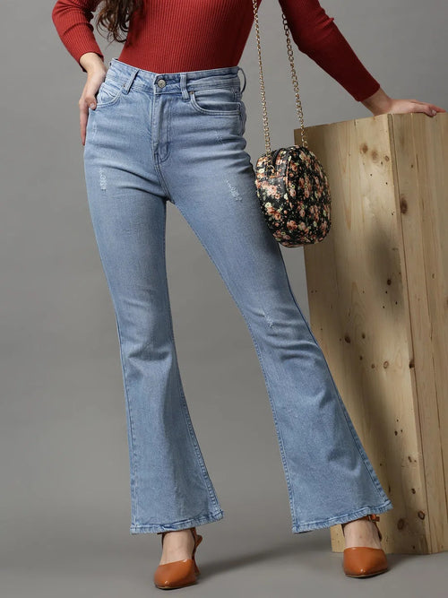 Women's Blue Solid Bootcut Denim Jeans-GZ-5244-1-Blue