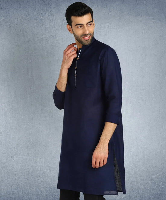 Hangup Men Standard Solid Men's Indian Wear-Navy_Piping_RubyL2Kurta