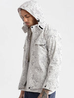 Men Hooded White Abstract Tailored Oversized Jacket comes with Detachable Hoodie and Inner fleece Jacket-99899-White