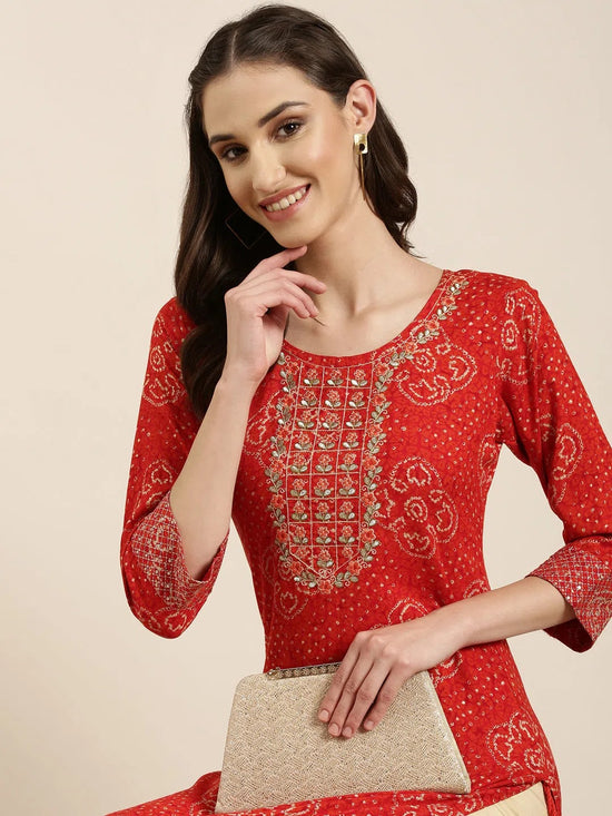 Women Red Printed Straight Kurta-AT-A900-K-Red