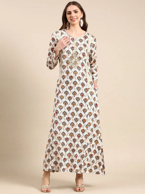 Women's Off White Printed Anarkali Kurta-RF-1775-Offwhite