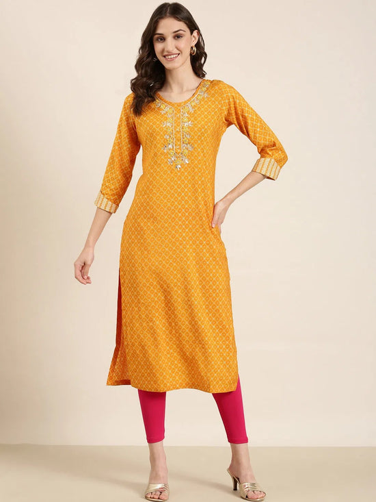 Women Mustard Printed Straight Kurta-AT-A830-K-Mustard